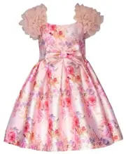 NEW Bonnie Jean Girls Size 4T "PINK FLORAL MIKADO" Puff Sleeve Bow Dress NWT
