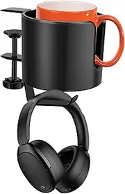 Desk Cup Holder with Headphone Hanger Adjustable Anti-Spill Cup Holder for Desk or Table Clip on Cup Holder Nonslip Tableside Cup Holder Gaming Desk Accessories for Coffee Mugs Water Cups Headphone…