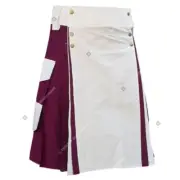 Handmade Cargo Pockets White & Burgundy Utility Kilt for Men