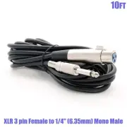 10FT XLR 3 pin Female Jack to 1/4" 6.35mm Mono Male Plug Microphone Mic Cable