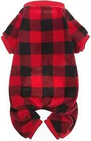 SCENEREAL Pet Fleece Pajamas for Dogs Red Plaid Sweaters Soft Clothes, M