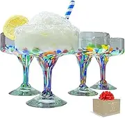 AGAVE'S GLASSWARE Margarita Glasses Set of 4 (16 oz) Gift Box – Confetti Carmen Margarita Glass, Handmade, Mexican Glassware, Cocktail Glasses, Coupe Glasses (Confetti Carmen).