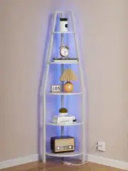 5 Tier Corner Shelf with LED Light, 67.2” Tall Standing Shelf for Wall White
