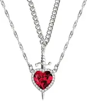 [Jemant] Heart Sword Necklace For Couples Him And Her Gold Silver Stainless Steel Cuban Water Ripple Chain Zirconia Dainty Trendy Matching Sword Through Heart Necklace Set Valentines Day Jewelry Gift