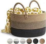 Woven Cotton Rope Laundry Basket 40 x 25cm Woven Clothes Storage Basket 32L Decorative Cotton Rope Blanket Basket Collapsible Laundry Hamper with Handle, for Laundry Room(3 Patchwork Brown)