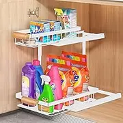 Under Sink Organizer, Multifunctional Pull Out 2 Tiers Spice Storage Shelf with Wooden Handle, Space Saving Metal Kitchen Oragnizer for Dishwashing Sponge, Bathroom (White)