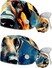 [YTYVAGT] 2-Pc,Nurse Scrub Caps,Scrub Hats with Buttons and Cotton Sweatband,Colorful Shepherd Dog Animal Pattern