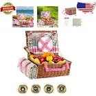 Charming Pink Floral Wicker Picnic Basket with Cutlery, Blanket, & Insulation