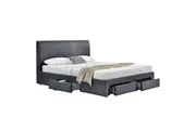 Design Square Modern Designer Fabric Bed Frame Headboard W/ 4-Drawers Storage Double Size - Dark Grey