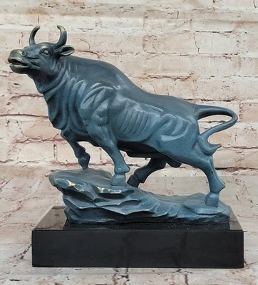 Genuine Bronze Stock Market Bull Standing on Marble Sculpture Handcrafted Deal