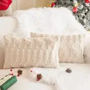Set of 2 Christmas Elk Throw Pillow Covers 12x20 Inch, Soft Faux Fur Cream