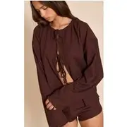 Chocolate Textured Tie Front Bead Detail Long Sleeve Top, Chocolate