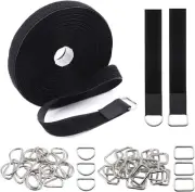 51Pcs Nylon Black Hook and Loop Straps with Metal Buckles, 1"x32ft Reusable