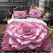 Pink Rose 3Pcs Duvet Cover 3D Printed Teen Bedding Sets Comforter Quilt Bedspread with Pillowcases Comforter Cover Microfiber Bed Sets with Zipper,Super King（240x270cm）