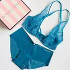 32D SMALL Victoria’s Secret teal blue plunge bra set noshow hiphugger panties