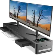 Dual Monitor Stand Riser with 2 Drawers,4 USB Ports and Charging Pad,Metal 2 Mon