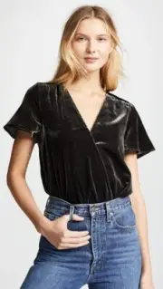 Splendid Gray Velvet Surplice Flutter Sleeve Top L