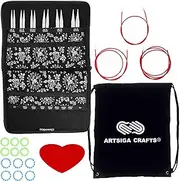 [ChiaoGoo] Twist Red Lace 5-Inch Large 7500-L Interchangeable Circular Knitting Needle Set, Sizes US 9, 10, 10.5, 11, 13, 15, Stainless Steel with 3 Cords Bundle with 1 Artsiga Crafts Project Bag