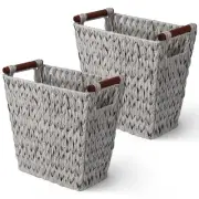 Woven Waste Basket, Gray Wicker Basket with Wood Handles, Wicker Waste Basket...
