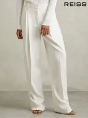 Reiss Cream Lydia Petite Double Pleat Wide Leg Tux Trousers (E28597) | $350