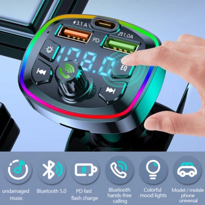 Car MP3 Player Bluetooth 5.0 FM Transmitter w/2 USB Charger and PD QC xdHmR