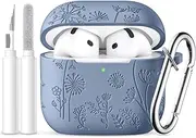 Ouwegaga Compatible with Apple AirPods 4 Case(2024), Soft Silicone Flower Print Engraved Full Protective Cover for AirPods 4 Case with Keychain, Compatible with AirPods 4th Generation Case, Blue Gray