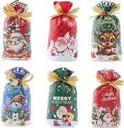 Christmas Candy Bag, Fyvadio 48PCS Christmas Treat Bags Candy Goodies Plastic Drawstring Gift Bags Merry Christmas Treat Bags for Birthday Party Snack Wrapping Wedding Gift Party Favor Merry X-mas