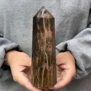 1.23LB TOP!Natural tiger's eye jasper quartz obelisk crystal wand point healing
