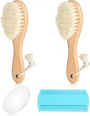 Baby Hair Brush and Comb Set, 2pcs Wooden Natural Goat Bristles Brush+ Blue Comb+ White Cradle Cap Brush Grooming Kit for Newborns Toddlers Boys Girls