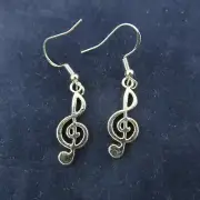 TREBLE CLEF Dangle Earrings Antique Silver Tone Music Band Choir Musician Gift