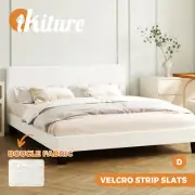 Oikiture Bed Frame Double Size Mattress Base Boucle Fabric Platform Wooden Slats