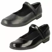 Girls Clarks 'Scala Pure' Black Patent Or Leather Hook & Loop Strap School Shoes