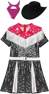 [RUNQHUI] Western Cowgirl Costume For Kids Girls Cowgirl Sequins Fringe Dress With Hat Bandanna Halloween Cosplay Outfits
