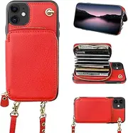Bocasal Crossbody Wallet Case for iPhone 11, RFID Blocking Leather Purse Case with Card Holder, Protective Handbag Flip Cover with Zipper Wrist Strap Lanyard for Women 6.1 Inch (Red)