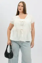 White Bow Tie Puff Sleeve Jacket