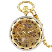 Mens Mechanical Pocket Watch Hand Winding Open Face Golden Skeleton Fob Watches