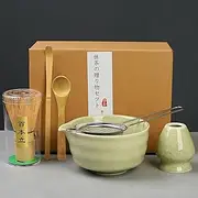 Premium Matcha Whisk Set for Japanese Tea Ceremony | 6-Piece Kit with Bamboo Whisk (Chasen), Ceramic Bowl (Chawan), Scoop & Steel Sifter | Authentic Traditional Tea Tools | Classic Green Design