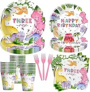 Suhelkit Dinosaur Three Rex Birthday Decorations Tableware Girl - Dinosaur 3rd Birthday Party Supplies, Paper Plate, Cup, Napkin, Fork, Dino Party Decorations For Three-Year-Old Birthday | 24 Guest