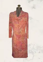 Natori Red Orange Snakeskin Animal Print Draped Cowl Neck Dress Jersey Knit Sz M