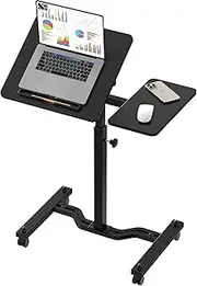 SHW Height Adjustable Tim Rolling Laptop Cart with Tilting Desktop and Side Shelf, 73 to 103.9 cm, Black