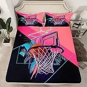 Girls Basketball Fitted Sheet 3D Basketball Sports Themed Bedding Set Modern Sports Bed Sheets, Watercolor Graffiti Ball Games Sheets Full for Kids Boys Bedroom, Pink Black