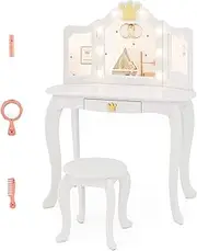 HONEY JOY Kids Vanity Set with 3-Color Adjustable Lighted Mirror, 2-in-1 Princess Vanity Table Set w/Tri-Folding Mirror, Pull-Out Drawer & Stool, Makeup Dressing Table Set for Kids Aged 3-7, White