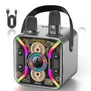 Karaoke Machine Two Wireless Microphone PA System Bluetooth Speaker Bass Treble TF Card USB AUX TV Party Birthday,Silver