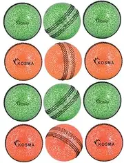 Kosma Pack of 12 Pc Cricket Windball with Center Stitching Coaching Grip Marks for Correct Finger Position When Bowling , Glitter Balls – 6 Pc Each of Green with Black seam and Orange with Black seam