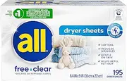 all Fabric Softener Dryer Sheets for Sensitive Skin, Free Clear, 195 Count
