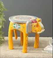 Indian Hand Painted Yellow Elephant Shape Stool Wooden Stool Room Side Stool