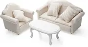Odoria 1/12 Scale Miniature White Coffee Table and Upholstered Sofa Armchair Set Mini Wooden Striped Khaki Couch Miniatures Dollhouse Furniture Accessories Dolls House Accessory