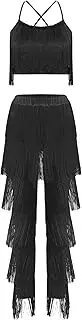 [Jugaoge] Women's Latin Cha-Cha Dance Performance Outfits Tassel Crop Top and Pants Modern Salsa Ballroom Dancewear