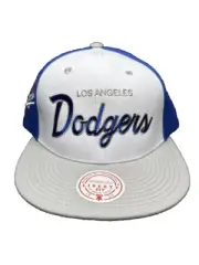 LA Dodgers Hat Block Script Snapback White Blue Mitchell & Ness Liberty Fit