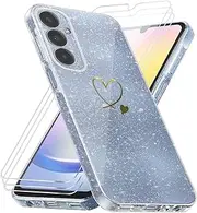 Clear Glitter Case Compatible with Samsung Galaxy A25 5G, Transparent Soft TPU Mobile Phone Case with 3 Pieces Tempered Glass Screen Protector for Samsung Galaxy A25 5G